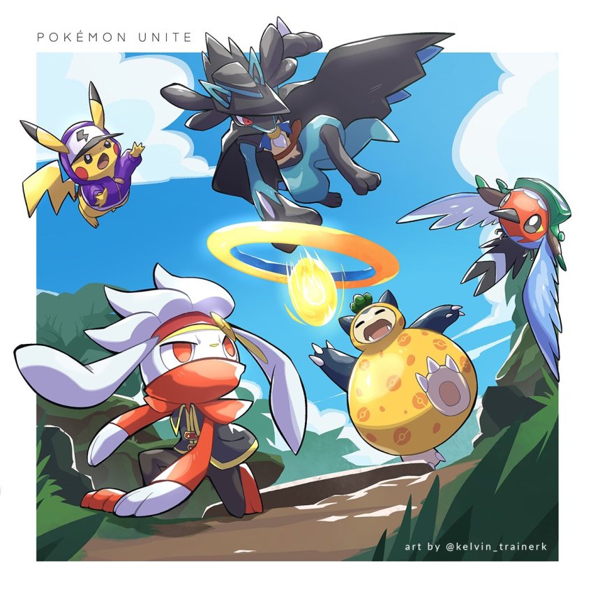 baseball_cap bird claws clothed_pokemon cloud commentary copyright_name creatures_(company) day english_commentary fangs fletchling from_below game_freak gen_1_pokemon gen_4_pokemon gen_6_pokemon gen_8_pokemon goggles hat highres hood hood_up hooded_jacket jacket kelvin-trainerk lucario lucario_(costume_party) nintendo no_humans open_mouth orange_eyes outdoors pikachu pikachu_(purple_unite) pokemon pokemon_(creature) pokemon_unite purple_jacket raboot sky snorlax tongue twitter_username zipper_pull_tab