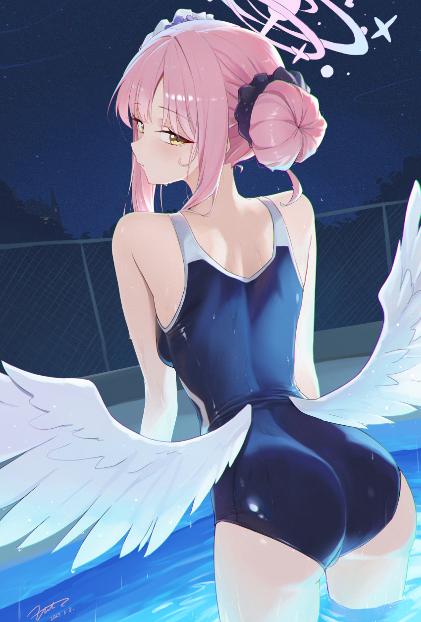 1girl blue_archive blue_one-piece_swimsuit blush closed_mouth feathered_wings flower fritz614 from_behind hair_bun hair_flower hair_ornament hair_scrunchie highres long_hair looking_at_viewer low_wings mika_(blue_archive) official_alternate_costume official_alternate_hairstyle one-piece_swimsuit pink_hair purple_flower purple_scrunchie scrunchie sidelocks solo swimsuit wet white_scrunchie wings yellow_eyes