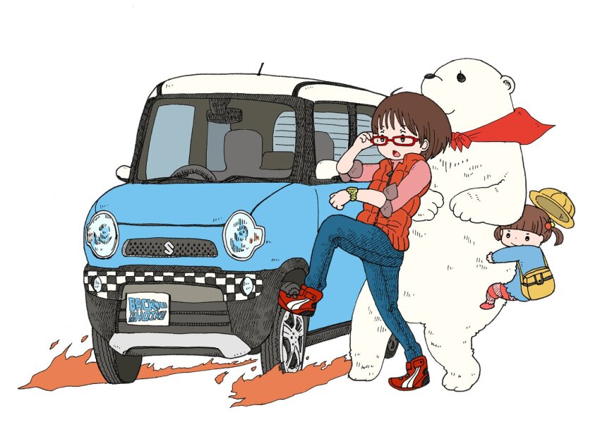 &gt;:) 2girls animal back_to_the_future bag bear blue_pants brown_hair car child closed_mouth commentary_request fire glasses hair_bobbles hair_ornament hat kindergarten_bag kindergarten_uniform motor_vehicle multiple_girls original pants pantyhose pink_shirt polar_bear red-framed_eyewear red_vest school_hat shirt short_sleeves simple_background smile striped_clothes striped_pantyhose twintails v-shaped_eyebrows vehicle_request vest watch white_background wristwatch yellow_hat yukimoto_shuuji_(gurigura)