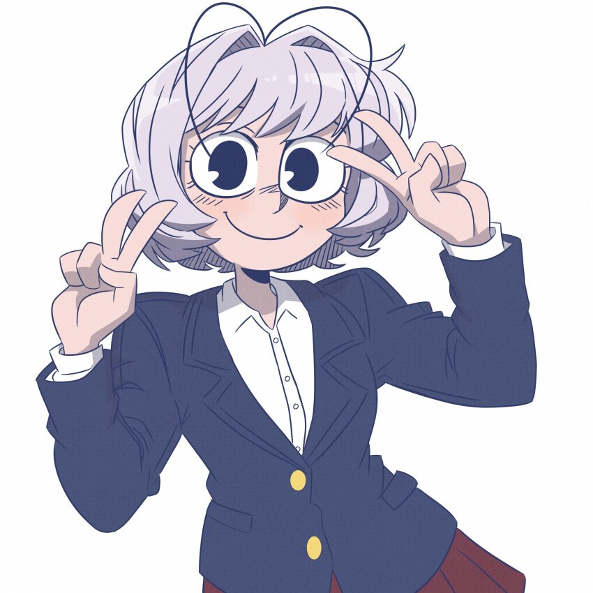 1other androgynous antenna_hair black_eyes blazer buttons collared_shirt double_v hair_intakes highres jacket komi-san_wa_komyushou_desu lapels long_sleeves looking_at_viewer osana_najimi_(komi-san_wa_komyushou_desu) purple_hair red_skirt sayasushiswag shirt short_hair skirt smile solo swept_bangs v white_background