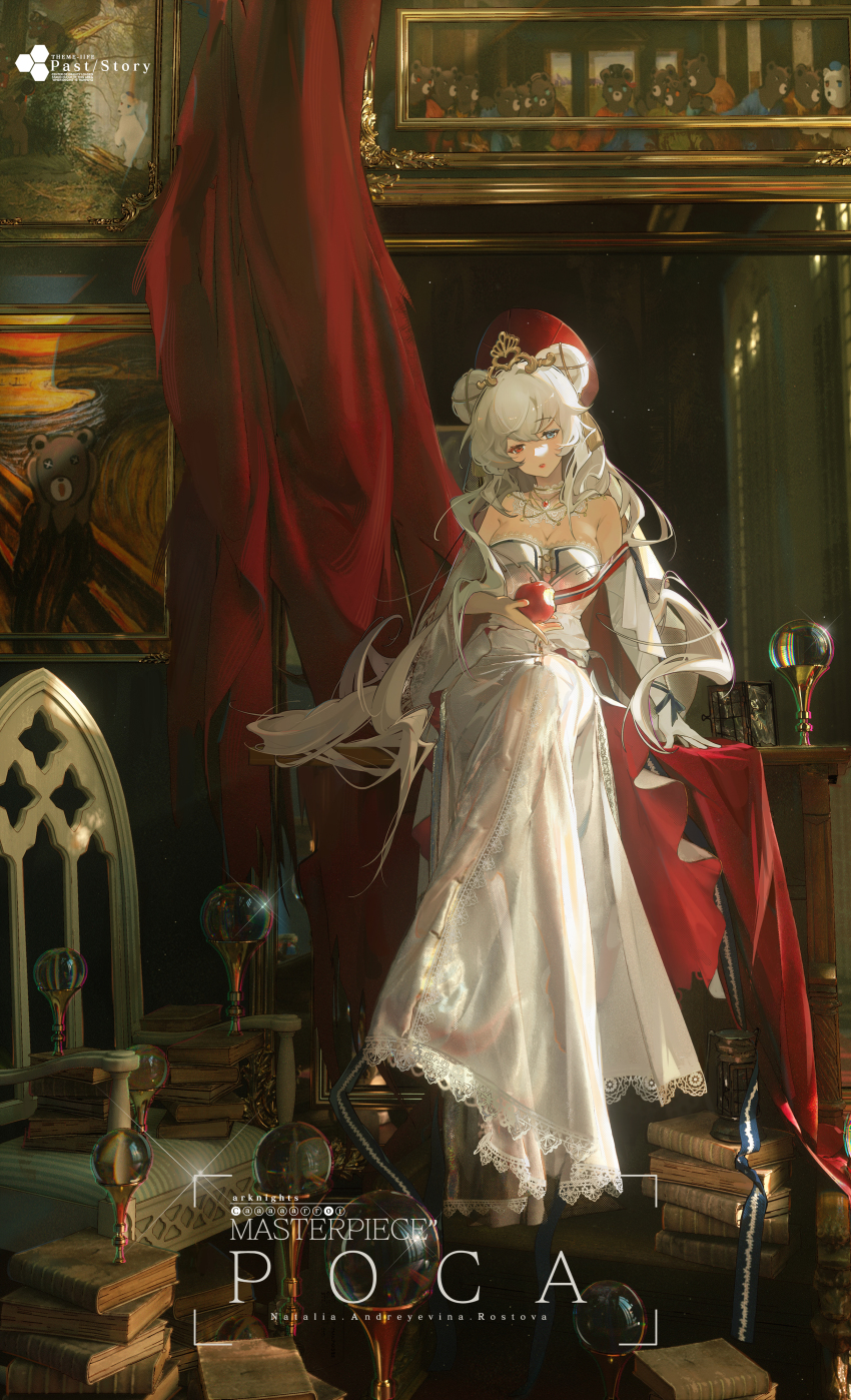 1girl absurdres animal_ears apple arknights bare_shoulders bear_ears blue_eyes book book_stack breasts chair character_name cleavage curtains cyrillic detached_collar dress elbow_gloves english_text fine_art_parody food fruit full_body gloves heterochromia highres holding holding_food holding_fruit indoors large_breasts lipstick long_hair looking_at_viewer makeup morning_in_a_pine_forest official_alternate_costume painting_(object) parody red_eyes red_headwear rosa_(arknights) silver_hair sitting solo strapless strapless_dress table the_last_supper the_scream toto_(caaaaarrot) very_long_hair white_dress white_gloves