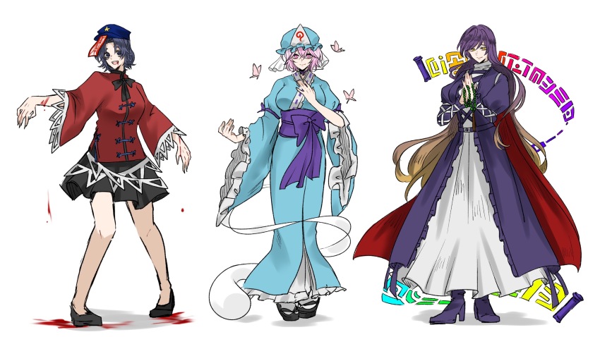3girls beads black_sandals black_shoes black_skirt blood blood_on_hands blue_eyes blue_hair blue_hat blue_kimono boots breasts brown_hair bug butterfly chinese_clothes closed_mouth commentary_request dress frilled_kimono frills full_body ghost gradient_hair hat hat_ornament highres hijiri_byakuren insect japanese_clothes jiangshi kimono lace-trimmed_sleeves lace_trim layered_dress long_dress long_hair looking_at_viewer medium_breasts miyako_yoshika mob_cap multicolored_hair multiple_girls nap_muntarou newsboy_cap obi ofuda open_mouth pink_butterfly prayer_beads purple_boots purple_dress purple_hair purple_sash red_shirt saigyouji_yuyuko sandals sash shirt shoes short_hair simple_background skirt smile sorcerer&#039;s_sutra_scroll star_(symbol) star_hat_ornament tangzhuang touhou triangular_headpiece white_background white_dress wide_sleeves yellow_eyes