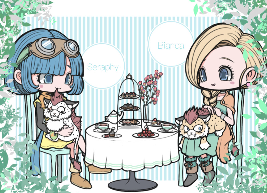 2girls 2others aged_down animal animal_on_lap bianca_(dq5) blonde_hair blue_eyes blue_hair blue_sash blunt_bangs bob_cut boots border borongo braid brown_boots cape chair character_name choker chome_(dq10) commentary_request cup daydream1201 dessert dragon_quest dragon_quest_v dragon_quest_x dress earrings flower food fruit goggles goggles_on_head great_sabrecub green_dress in-franchise_crossover jewelry leaf multiple_girls multiple_others neckerchief on_lap orange_cape orange_neckerchief pink_flower sash seraphy_(dq10) side_part single_braid sitting spotted_fur strawberry stud_earrings table tablecloth tea teacup teapot tiered_tray trait_connection tunic white_border white_fur yellow_fur yellow_tunic