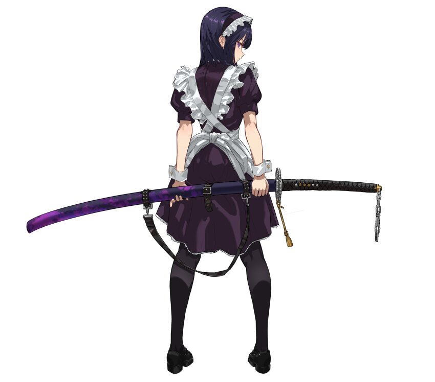 1girl apron arms_behind_back black_shoes chain closed_mouth dress frilled_apron frills from_behind full_body highres holding holding_sword holding_weapon katana kneepits legs_apart loafers looking_at_viewer looking_back maid maid_apron maid_headdress medium_dress medium_hair original pantyhose pinky_out profile puffy_short_sleeves puffy_sleeves purple_dress purple_eyes purple_hair sawatani_(_swt2) scabbard sheath sheathed shoes short_sleeves sidelocks simple_background solo standing sword tassel weapon white_background wrist_cuffs