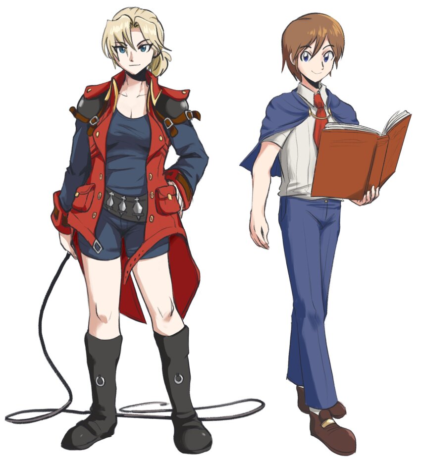 1boy 1girl armor black_boots blonde_hair blue_capelet blue_eyes blue_pants book boots breasts brown_hair brown_shoes capelet castlevania:_portrait_of_ruin castlevania_(series) charlotte_aulin cleavage closed_mouth coat commentary english_commentary genderswap genderswap_(ftm) genderswap_(mtf) hand_on_own_hip highres holding holding_book holding_whip jonathan_morris long_hair looking_at_viewer medium_breasts necktie open_clothes open_coat pants peegeray pouch red_coat red_necktie shirt shoes short_hair shoulder_armor simple_background smile white_background white_shirt