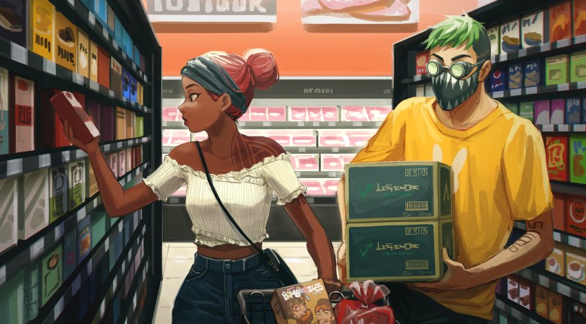 1boy 1girl 2gou absurdres alternate_costume apex_legends arm_tattoo beige_shirt box breasts brown_eyes cereal_box denim frilled_shirt frilled_sleeves frills goggles green_hair grey_headband hair_behind_ear hair_bun headband highres holding holding_box jeans lifeline_(apex_legends) looking_down mask medium_breasts mirage_(apex_legends) mouth_mask octane_(apex_legends) off-shoulder_shirt off_shoulder pants pink_hair shirt shopping single_hair_bun slice_of_life supermarket t-shirt tattoo undercut yellow_shirt