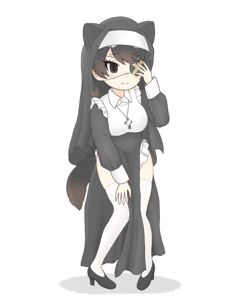 alternate_costume australian_devil_(kemono_friends) black_dress black_hair black_shoes blush brown_eyes brown_hair clothing_cutout cross cross_necklace dress extra_ears eyepatch fang frilled_shirt frills full_body hairband high_heels highres jewelry kemono_friends leg_cutout long_hair long_sleeves multicolored_hair necklace nun puffy_sleeves shirt shoes sleeve_cuffs smile tasmanian_devil_ears tasmanian_devil_tail thighhighs tobinosuke12 white_hairband white_shirt white_thighhighs zettai_ryouiki
