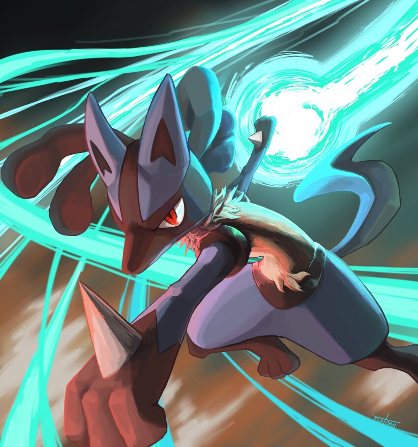aura black_fur blue_fur blue_tail body_fur dog gen_4_pokemon highres lucario nintendo pokemon pokemon_(creature) red_eyes riotono_0643 solo spikes