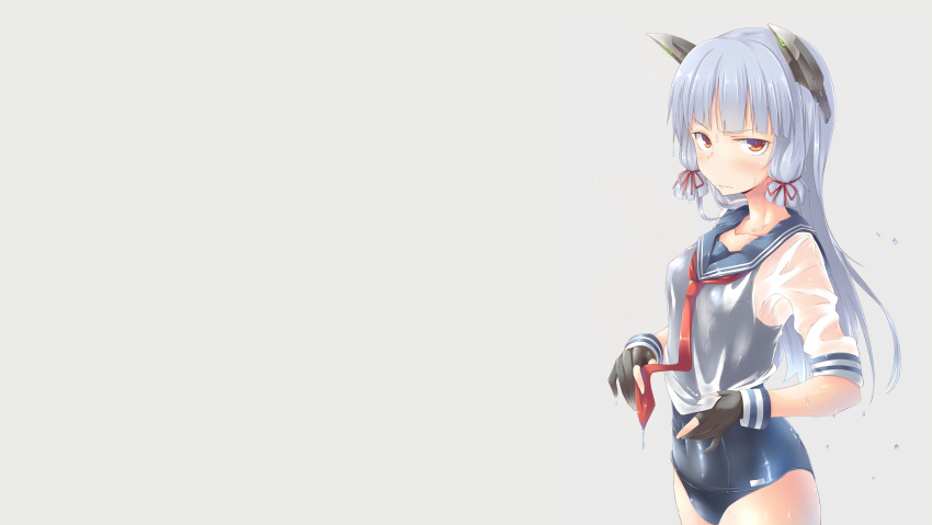 1girl aliasing blunt_bangs blush commentary_request cowboy_shot embarrassed female_focus gloves hair_ribbon headgear highres kantai_collection long_hair looking_at_viewer murakumo_(kancolle) necktie orange_eyes personification ribbon school_swimsuit school_uniform see-through_clothes serafuku silver_hair simple_background solo spirytus_tarou swimsuit swimsuit_under_clothes