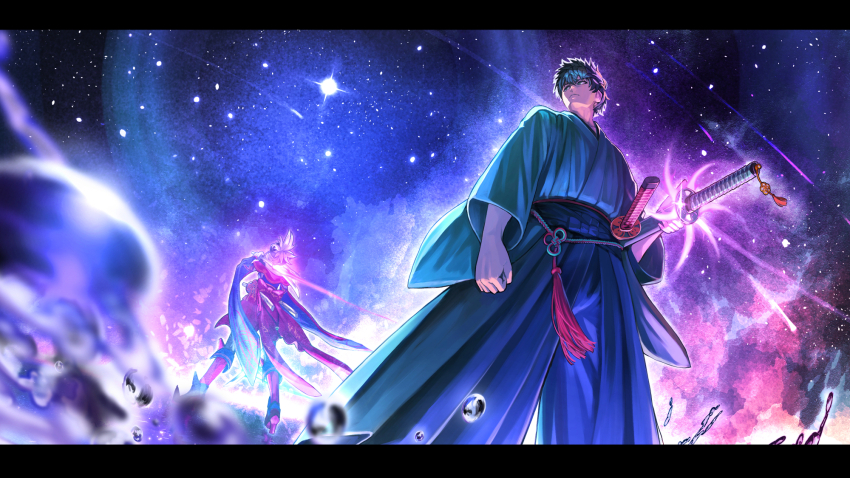 1boy 1girl black_hair fate/grand_order fate/samurai_remnant fate_(series) hakama harnetyss highres japanese_clothes katana kimono letterboxed miyamoto_iori_(fate) miyamoto_musashi_(fate) miyamoto_musashi_(third_ascension)_(fate) ponytail sheath sheathed sky star_(sky) starry_sky sword weapon