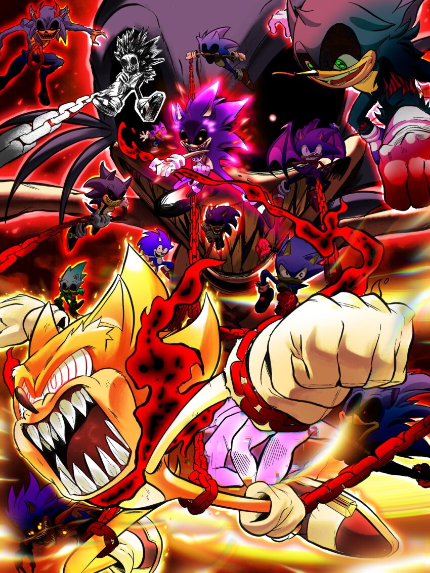 6+boys blood bloody_tears crying crying_with_eyes_open crystal fleetway_super_sonic gloves highres im_lazy_sheck_lol lord_x_(sonic.exe) multiple_boys no_more_innocence_(sonic.exe) open_mouth sharp_teeth sonic.exe sonic:_execution_(comic) sonic_(series) sonic_the_comic sonic_the_hedgehog super_sonic tears teeth white_gloves xenophanes_(sonic.exe)