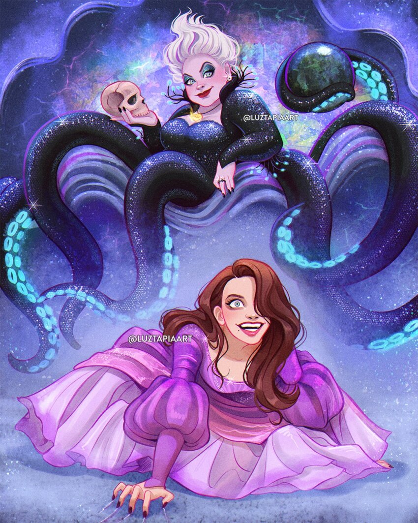 2girls black_nails blue_eyeshadow brown_hair colored_skin dress eyeshadow grey_eyes hair_over_one_eye highres holding holding_skull long_hair luztapiaart makeup mole monster_girl multiple_girls nail_polish purple_dress purple_skin red_lips scylla shell skull tentacles the_little_mermaid_(2023) ursula_(disney) vanessa_(disney) white_hair