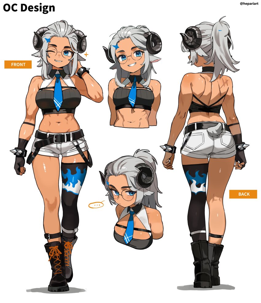 1girl abs absurdres animal_ears black_boots black_gloves black_thighhighs blue_eyes blue_necktie boots breasts commission dark-skinned_female dark_skin fingerless_gloves glasses gloves grey_background grey_hair grin hepari highres horns lace-up_boots large_breasts medium_hair muscular muscular_female navel necktie one_eye_closed original parted_lips ponytail reference_sheet round_eyewear sheep_ears sheep_girl sheep_horns sheep_tail short_shorts shorts simple_background single_fingerless_glove single_glove single_thighhigh smile solo tail teeth thighhighs twitter_username white_shorts