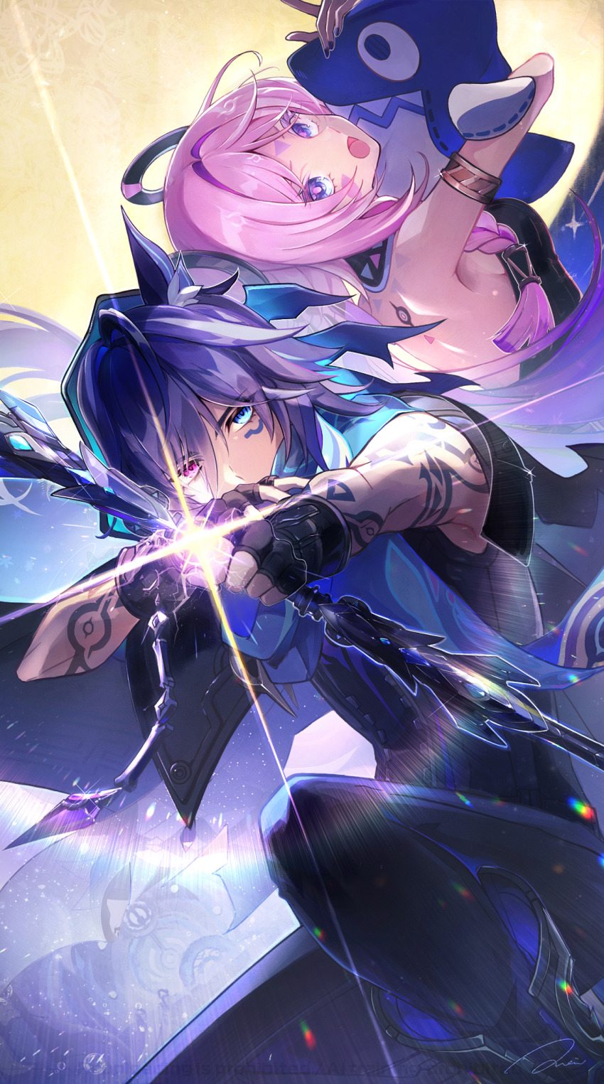 1boy 1girl aiming aiming_at_viewer animal_ear_fluff animal_ears arm_markings armlet backless_leotard bat_ears black_gloves black_hood black_jacket black_leotard black_pants black_undershirt blue_eyes blunt_tresses boots bow_(weapon) braid breasts citlali_(genshin_impact) colored_eyelashes commentary_request eyelashes facial_mark fingerless_gloves forehead_mark genshin_impact gloves glowing_arrow gold grandmother_and_grandson hair_between_eyes hair_extensions hair_intakes hair_tubes head_tilt highres holding holding_bow_(weapon) holding_stuffed_toy holding_weapon itzpapa_(genshin_impact) jacket jewelry lens_flare leotard long_hair looking_at_viewer looking_back open_clothes open_jacket ororon_(genshin_impact) pants pink_hair pink_pupils purple_hair purple_scarf red_eyes rei_(az93f1) ring_hair_ornament scarf shoulder_blades side_braid sideboob sidelocks signature stuffed_animal stuffed_toy triangle triangle_facial_mark weapon zipper