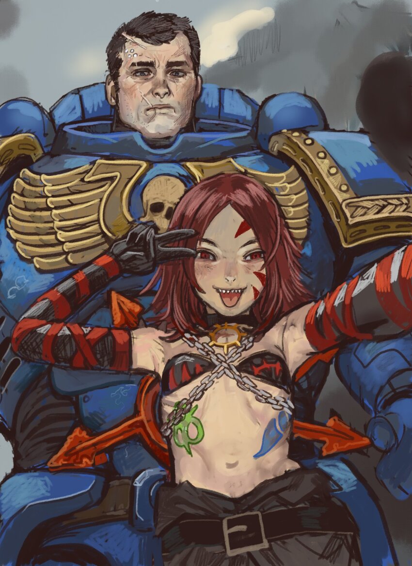 1boy 1girl armor black_gloves black_hair captain_titus cultist-chan elbow_gloves gloves highres long_hair mossacannibalis navel nurgle_(symbol) power_armor red_eyes red_hair scar scar_on_face selfie sharp_teeth short_hair teeth tongue tongue_out tzeentch_(symbol) ultramarines warhammer_40k warhammer_40k:_space_marine
