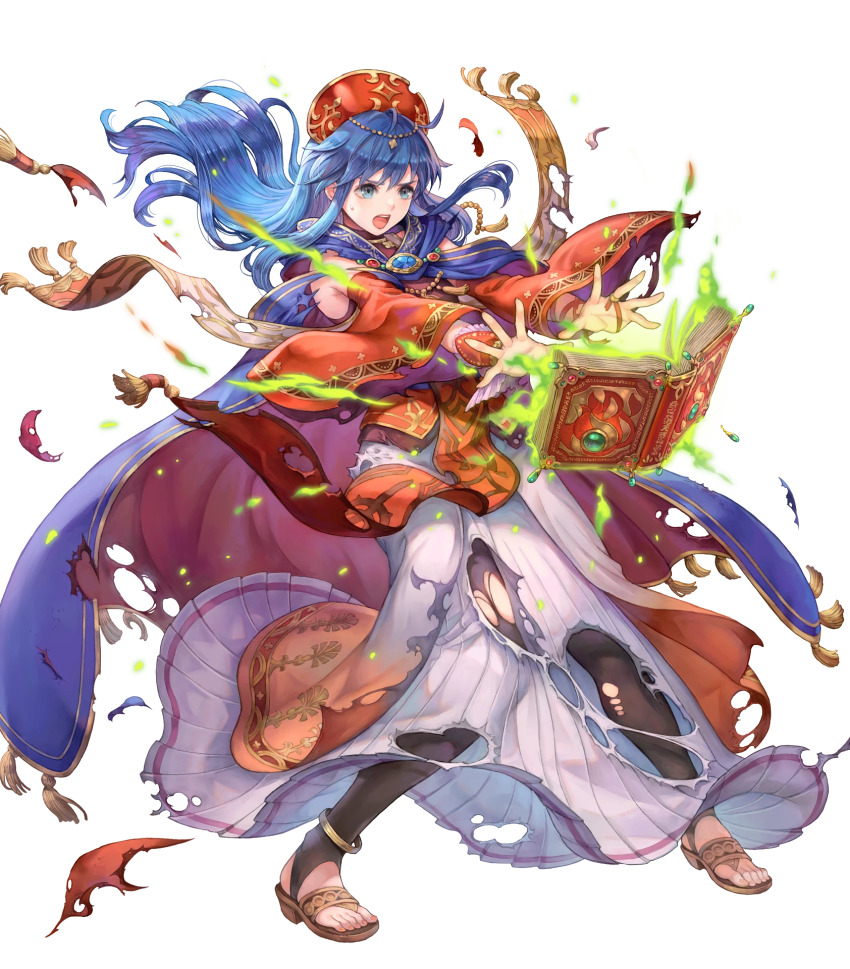 1girl blue_cape blue_eyes blue_hair book cape fire_emblem fire_emblem:_the_binding_blade fire_emblem_heroes haccan high_heel_sandals highres lilina_(brilliant_flame)_(fire_emblem) lilina_(fire_emblem) long_hair nintendo non-web_source official_alternate_costume official_art sandals solo stirrup_legwear toeless_legwear torn_clothes