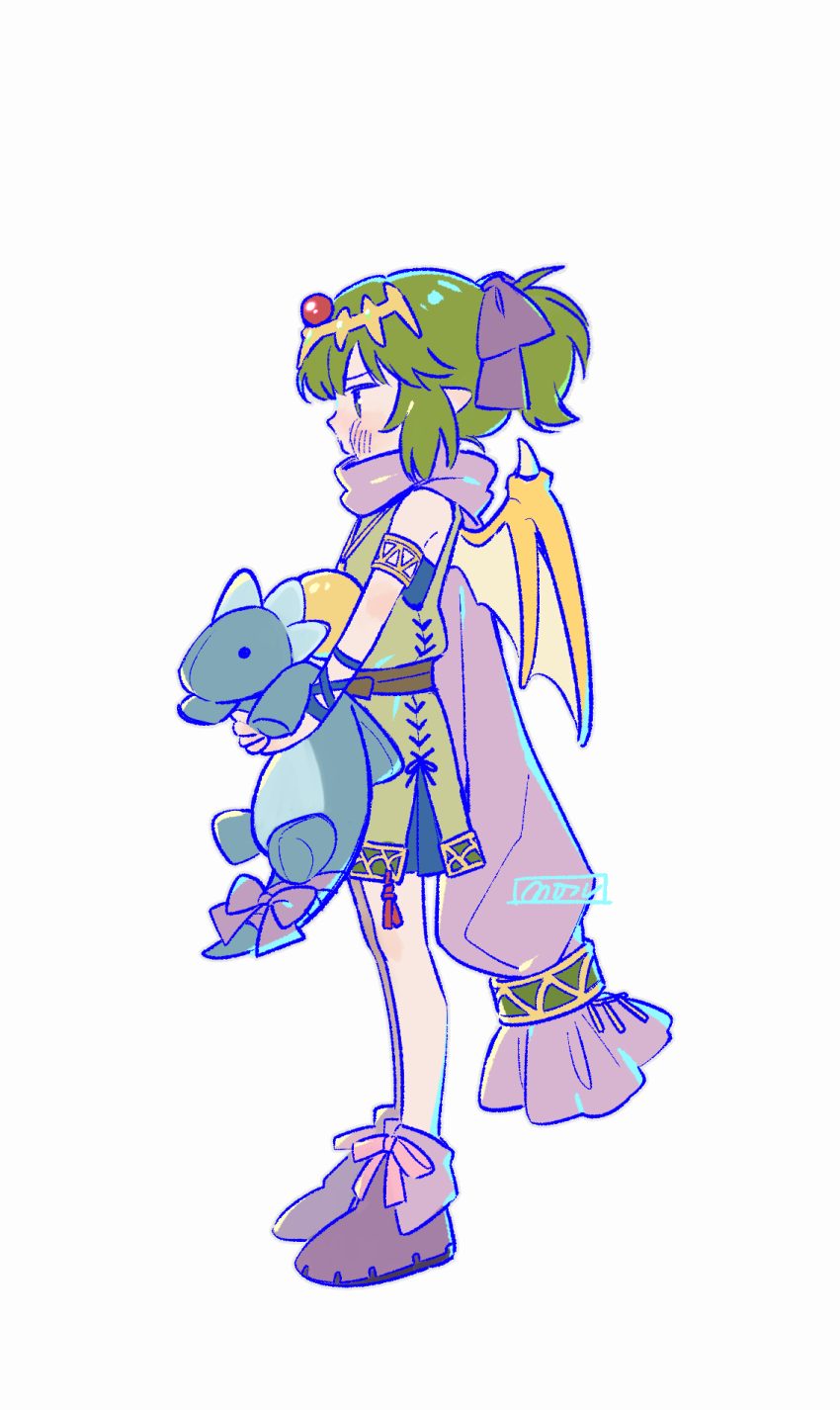 1girl aged_down armlet bow commentary dragon_girl dragon_wings fire_emblem fire_emblem:_mystery_of_the_emblem fire_emblem_heroes from_side full_body green_eyes green_hair green_tunic hair_bow highres holding holding_stuffed_toy jewelry moch_ka_game nintendo official_alternate_costume pendant pink_scarf pointy_ears ponytail profile puffy_cheeks purple_bow scarf shoes short_ponytail signature simple_background sleeveless sleeveless_tunic solo standing stuffed_animal stuffed_dragon stuffed_toy tiara tiki_(fire_emblem) tiki_(young)_(dragon&#039;s_progeny)_(fire_emblem) tiki_(young)_(fire_emblem) tunic white_background wings