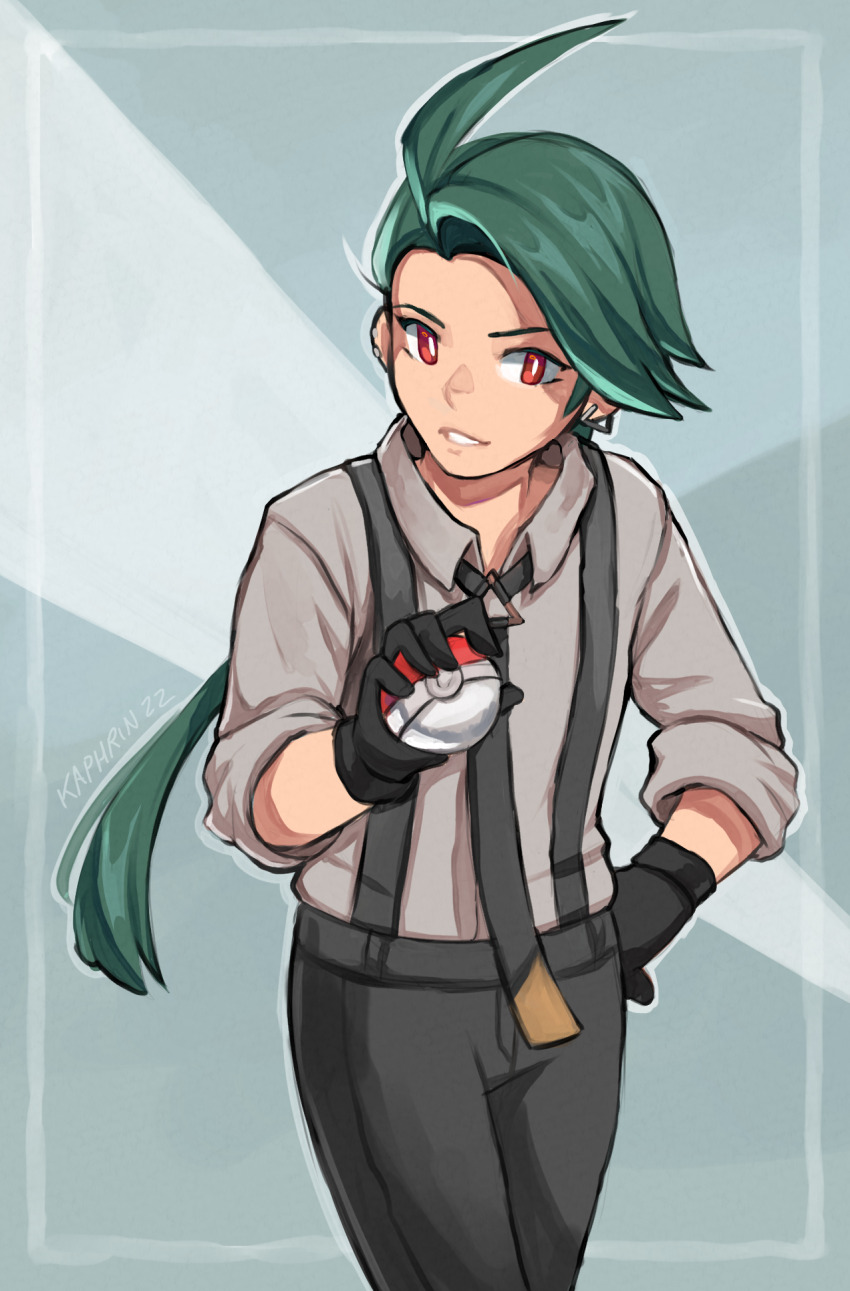 1girl ahoge black_gloves bright_pupils collared_shirt cowboy_shot earrings gloves green_hair grey_shirt grin hand_up highres holding holding_poke_ball jewelry kaphrin long_hair mixed-language_commentary necktie nintendo pants poke_ball poke_ball_(basic) pokemon pokemon_sv rika_(pokemon) shirt signature sleeves_rolled_up smile solo suspenders teeth white_pupils