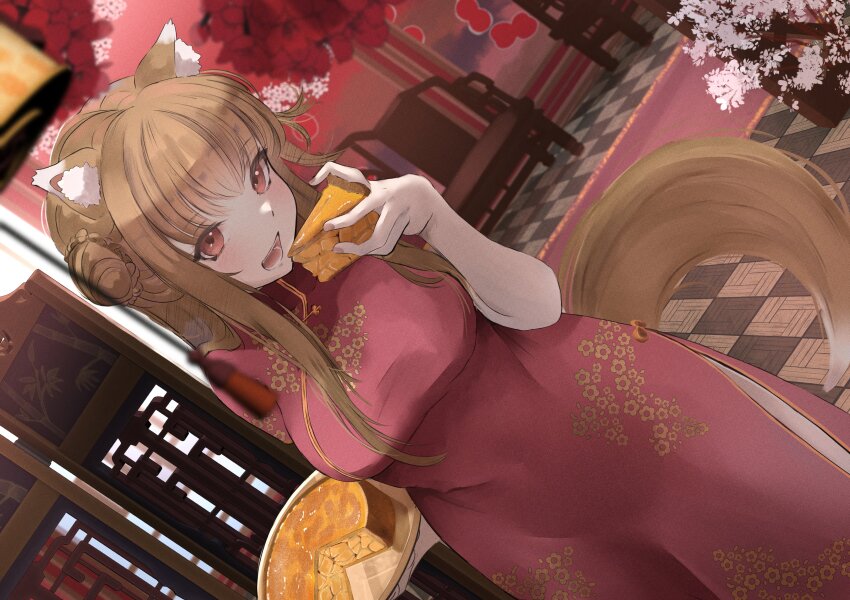 1girl absurdres animal_ears araca_ra breasts brown_eyes brown_hair china_dress chinese_clothes dress floral_print food highres holding holding_food holo indoors long_hair looking_at_viewer open_mouth pie pie_slice red_dress sidelocks solo spice_and_wolf tail wolf_ears wolf_girl wolf_tail