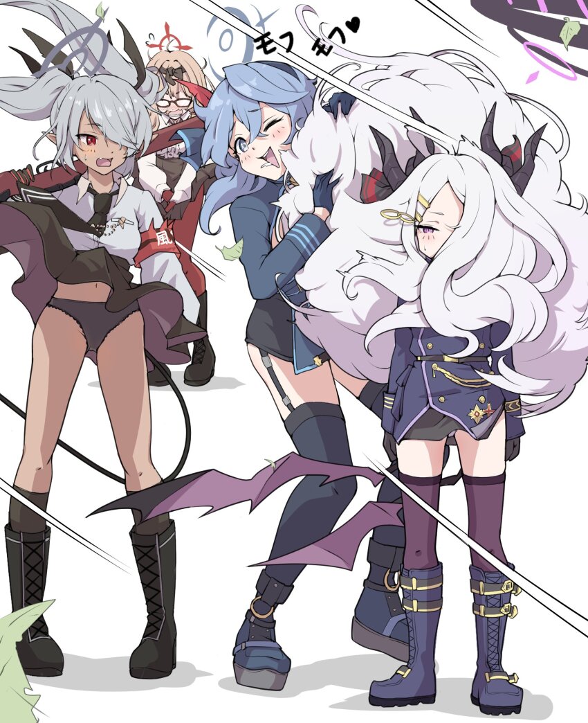 4girls ahoge ako_(blue_archive) armband black_coat black_gloves black_halo black_skirt blue_archive blue_eyes blue_hair blue_halo bolt_action breasts chinatsu_(blue_archive) coat coat_on_shoulders dark-skinned_female dark_skin demon_girl demon_horns demon_tail demon_wings full_body glasses gloves grey_hair gun halo highres hina_(blue_archive) horns iori_(blue_archive) long_hair looking_at_viewer mauser_98 medium_breasts medium_hair mosuke1221 multiple_girls panties prefect_team_(blue_archive) purple_eyes red_armband red_eyes red_halo rifle simple_background skirt small_breasts standing tail twintails underwear weapon white_background white_hair wings