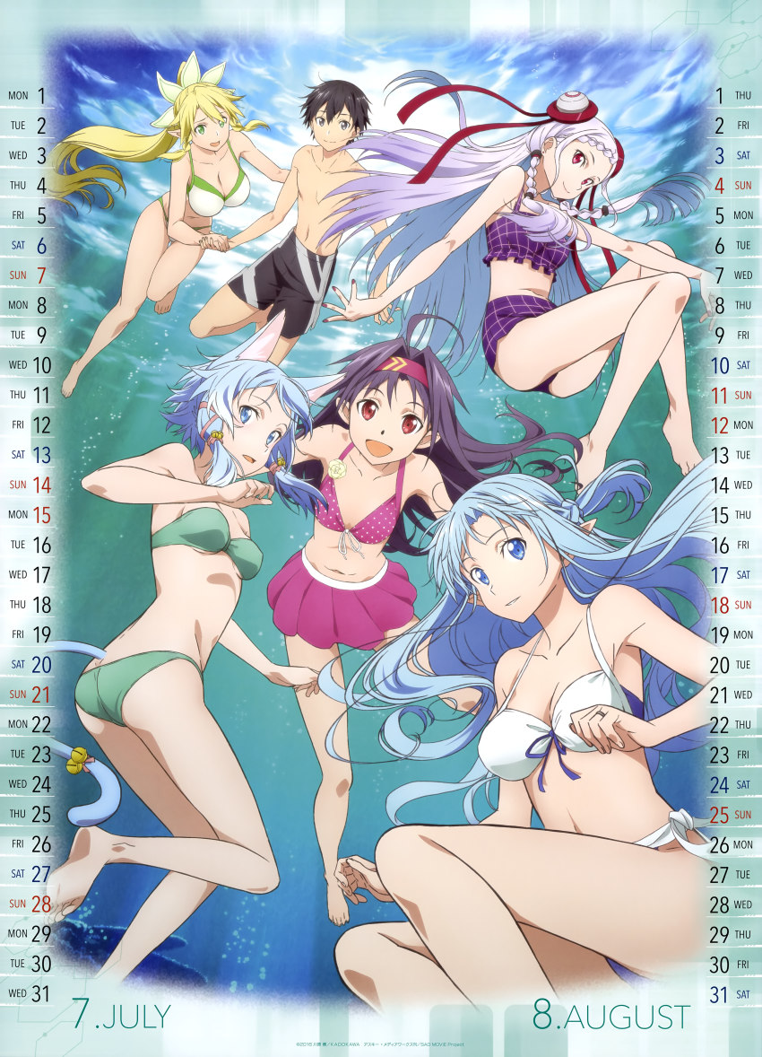 1boy 5girls absurdres ahoge animal_ears asuna_(sao) asuna_(sao-alo) barefoot bell bikini bikini_skirt black_hair blonde_hair blue_eyes blue_hair braid braided_bangs breasts calendar_(medium) cat_ears cat_tail cleavage collarbone crown_braid feet floating_hair front-tie_bikini_top front-tie_top full_body gradient_hair hair_bun hair_ribbon head_tilt headband high_ponytail highres holding_hands kirito large_breasts leafa_(sao) long_hair looking_at_viewer medium_breasts multicolored_hair multiple_girls nail_polish navel official_art open_mouth pink_bikini pink_ribbon pointy_ears polka_dot polka_dot_bikini polka_dot_bikini_top ponytail purple_bikini purple_hair purple_ribbon purple_skirt red_headband red_ribbon ribbon short_hair_with_long_locks sidelocks silver_hair single_hair_bun sinon sinon_(sao-alo) skirt small_breasts smile soles strapless strapless_bikini swimsuit sword_art_online tail tail_bell tail_ornament two-tone_hair underboob underwater very_long_hair white_bikini white_ribbon yuna_(sao) yuuki_(sao)
