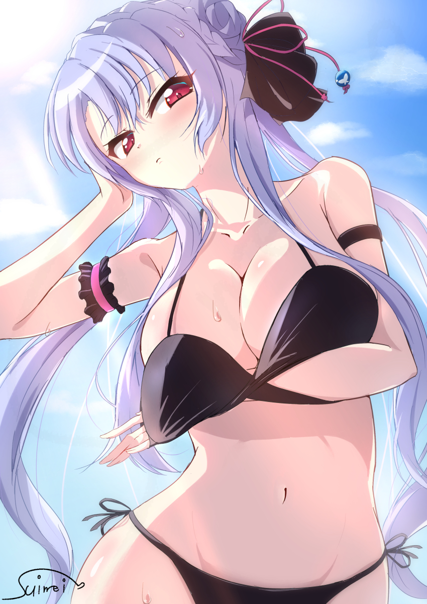 1girl absurdres arm_strap bikini bikini_top_pull black_bikini black_bow blush bow braid braided_bun breasts cleavage closed_mouth collarbone commentary_request day hair_bow hair_bun hand_up head_tilt highres large_breasts long_hair looking_at_viewer navel red_eyes side-tie_bikini_bottom signature sky solo sorakado_ao suimei_(ramebi3) summer_pockets sweat swimsuit twintails upper_body