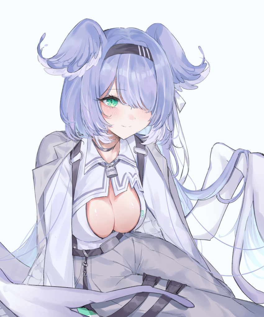1girl aqua_eyes black_hairband blue_background blue_hair blush breasts cleavage cleavage_cutout clothing_cutout commentary elira_pendora elira_pendora_(4th_costume) english_commentary hair_over_one_eye hairband head_wings highres jacket jacket_on_shoulders kjo_(kjobutcool) large_breasts lock_necklace long_hair looking_at_viewer low_wings nijisanji nijisanji_en simple_background sitting smile solo very_long_hair virtual_youtuber wings