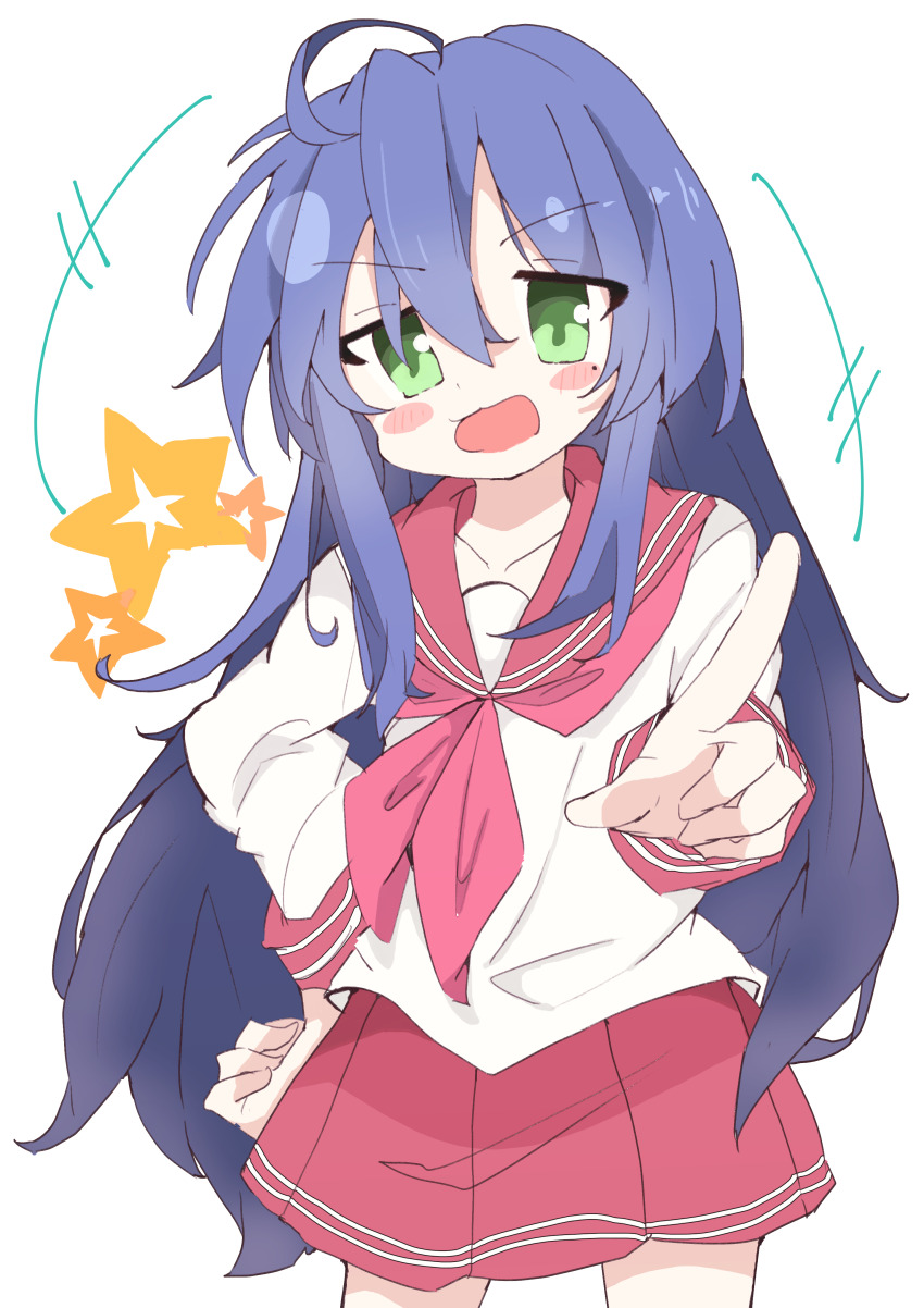 1girl :3 :d absurdres ahoge blue_hair blush blush_stickers cowboy_shot flat_chest green_eyes highres izumi_konata long_hair long_sleeves looking_at_viewer lucky_star midriff mochi_ami mole mole_under_eye neckerchief open_mouth pink_neckerchief pleated_skirt red_sailor_collar red_skirt ryouou_school_uniform sailor_collar school_uniform serafuku shirt simple_background skirt smile solo standing star_(symbol) very_long_hair white_background