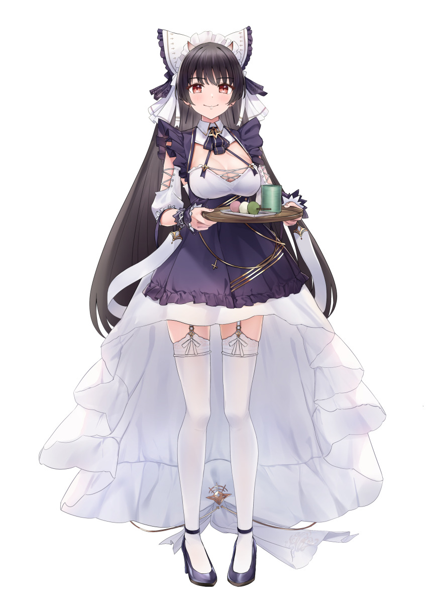1girl absurdres azur_lane black_hair breasts cheshire_(azur_lane) cheshire_(azur_lane)_(cosplay) cleavage commission cosplay cup dango dress food full_body high_heels highres holding holding_tray horns layered_dress long_hair looking_at_viewer maid_headdress noshiro_tomoya pixiv_commission sakawa_(azur_lane) sanshoku_dango simple_background strappy_heels thighhighs transparent_background tray wagashi white_thighhighs yunomi