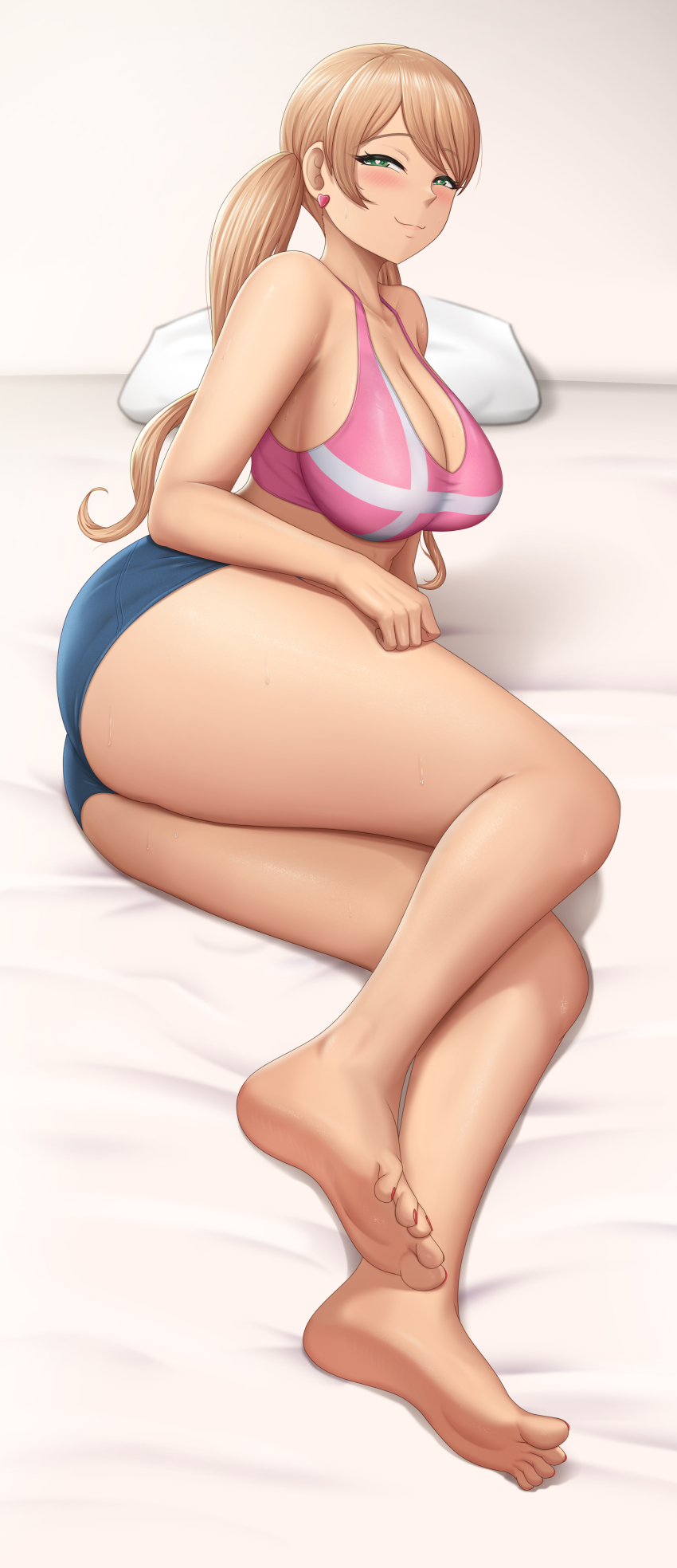1girl :3 absurdres ass bare_shoulders barefoot blonde_hair blue_shorts blush breasts cleavage closed_mouth collarbone commentary denim denim_shorts earrings english_commentary full_body green_eyes gundam gundam_tekketsu_no_orphans heart heart-shaped_pupils heart_earrings highres jewelry lafter_frankland lafxia large_breasts long_hair looking_at_viewer lying midriff on_bed on_side paid_reward_available pillow pink_sports_bra shadow short_shorts shorts sidelocks smile solo sports_bra sweat symbol-shaped_pupils twintails variant_set