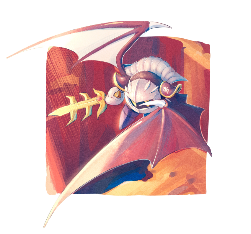 armor black_wings border canyon commentary_request demon_wings flying galaxia_(sword) gloves highres holding holding_sword holding_weapon kirby_(series) logo meta_knight nintendo no_humans outdoors outside_border pauldrons purple_footwear sabaton shoulder_armor solid_oval_eyes solo somayumi sword weapon white_border white_gloves white_mask wings yellow_eyes
