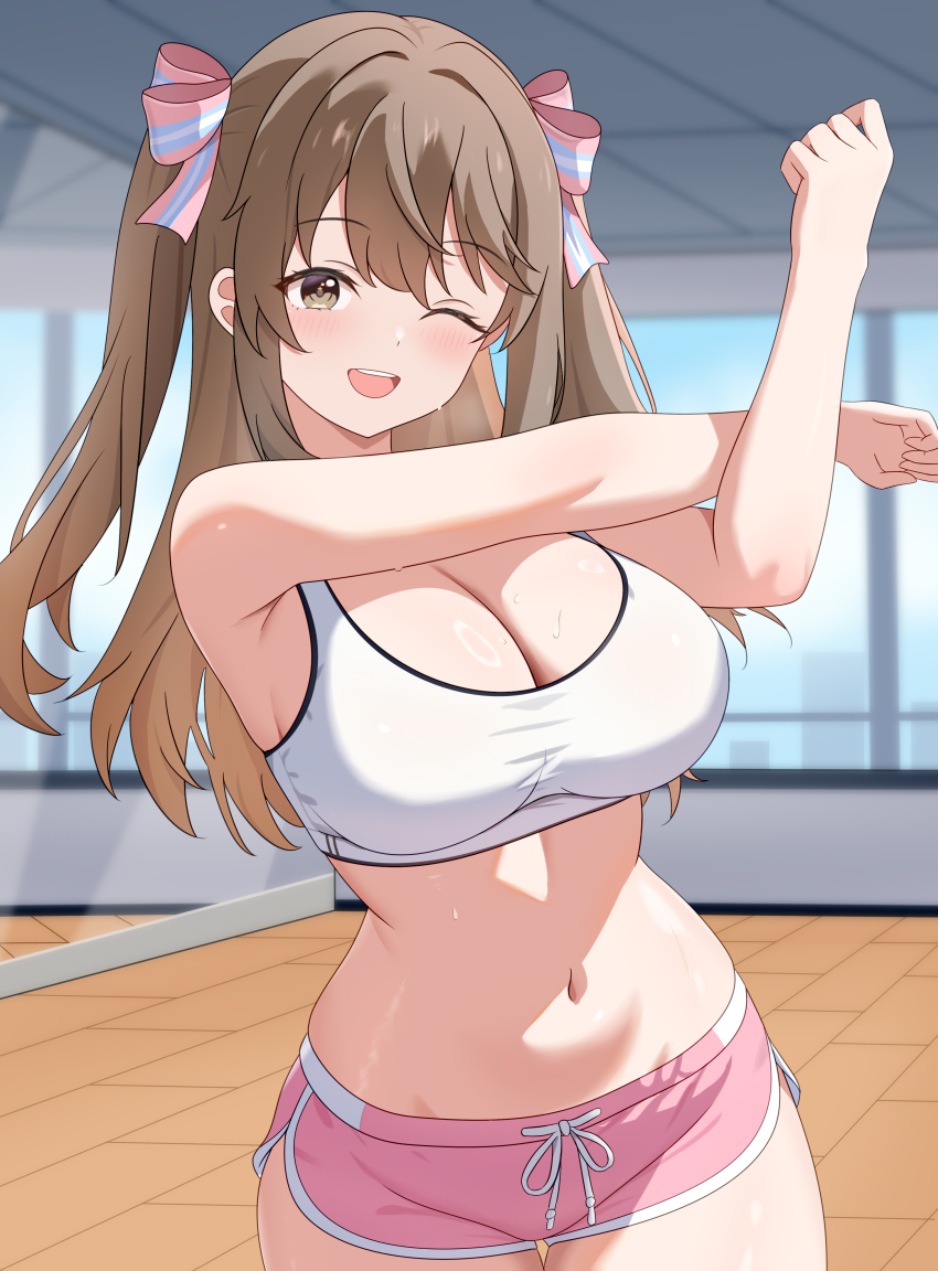 1girl absurdres annrichan arm_up armpit_crease bare_shoulders blush breasts brown_eyes brown_hair cleavage commentary_request crop_top dolphin_shorts exercising girls&#039;_frontline girls&#039;_frontline_2:_exilium hair_between_eyes hair_ribbon highres indoors k2_(girls&#039;_frontline) large_breasts long_hair looking_at_mirror looking_at_viewer midriff mirror navel one_eye_closed open_mouth pink_ribbon pink_shorts ribbon shirt short_shorts shorts side_ponytail smile solo sports_bra standing stomach stretching sweat thighs tile_floor tiles white_shirt window yoohee_(girls&#039;_frontline_2)