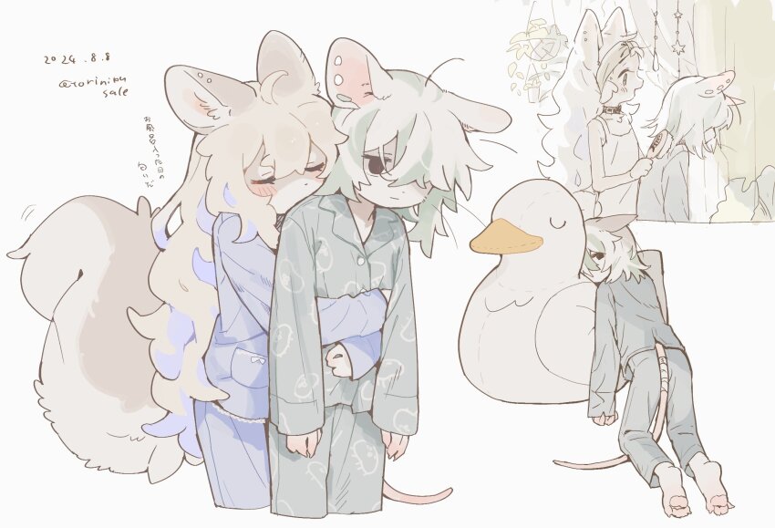 2girls :| animal_ear_piercing animal_ears artist_name black_eyes blue_pajamas brushing_another&#039;s_hair brushing_hair closed_eyes closed_mouth clothing_cutout cowboy_shot cropped_legs dated dog_ears dog_girl dog_tail furry furry_female gomafuto green_pajamas head_on_another&#039;s_shoulder highres hug hug_from_behind jitome long_hair mouse_ears mouse_girl mouse_tail multiple_girls multiple_views original pajamas pawpads short_hair signature simple_background standing stuffed_animal stuffed_duck stuffed_toy tail tail_through_clothes white_background white_hair