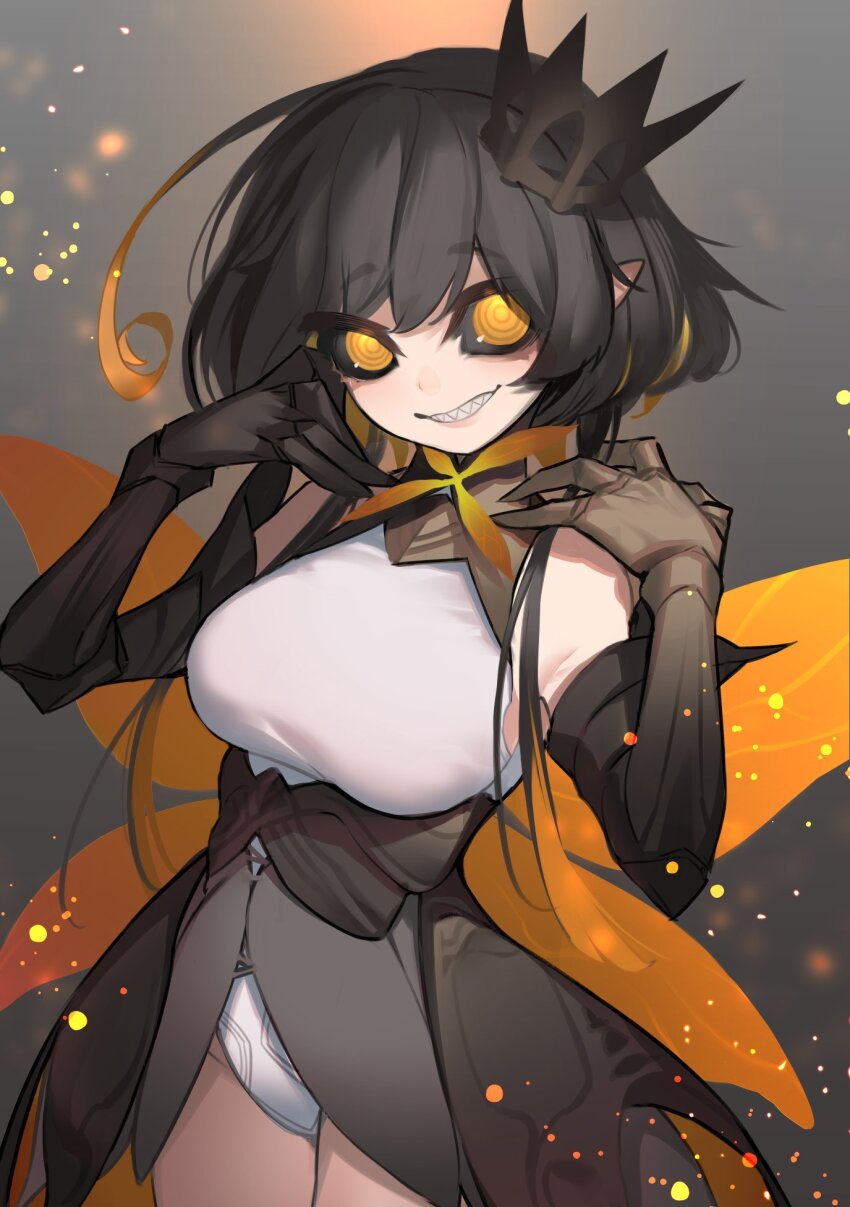 1girl ahoge arthropod_girl bare_shoulders bee_girl bee_wings black_hair black_sclera borrowed_character breasts chrom_(ac8231) colored_sclera commission crown dokkumaa elbow_gloves gloves hands_up highres insect_girl insect_wings large_breasts leotard looking_at_viewer monster_girl multicolored_hair orange_eyes orange_hair original pointy_ears second-party_source sharp_teeth sidelocks skeb_commission teeth white_leotard wings