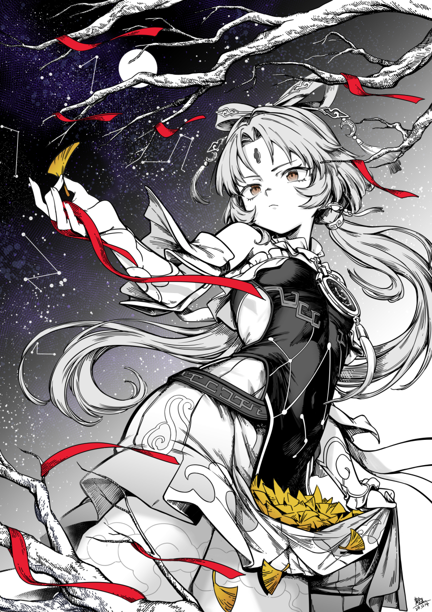 1girl bare_shoulders branch breasts closed_mouth constellation constellation_print detached_sleeves dress forehead_jewel fu_xuan_(honkai:_star_rail) hair_ornament hair_rings hair_stick highres honkai:_star_rail honkai_(series) long_hair low_twintails monochrome moon night parted_bangs qingwa_chi_she skirt small_breasts solo spot_color tassel tree twintails