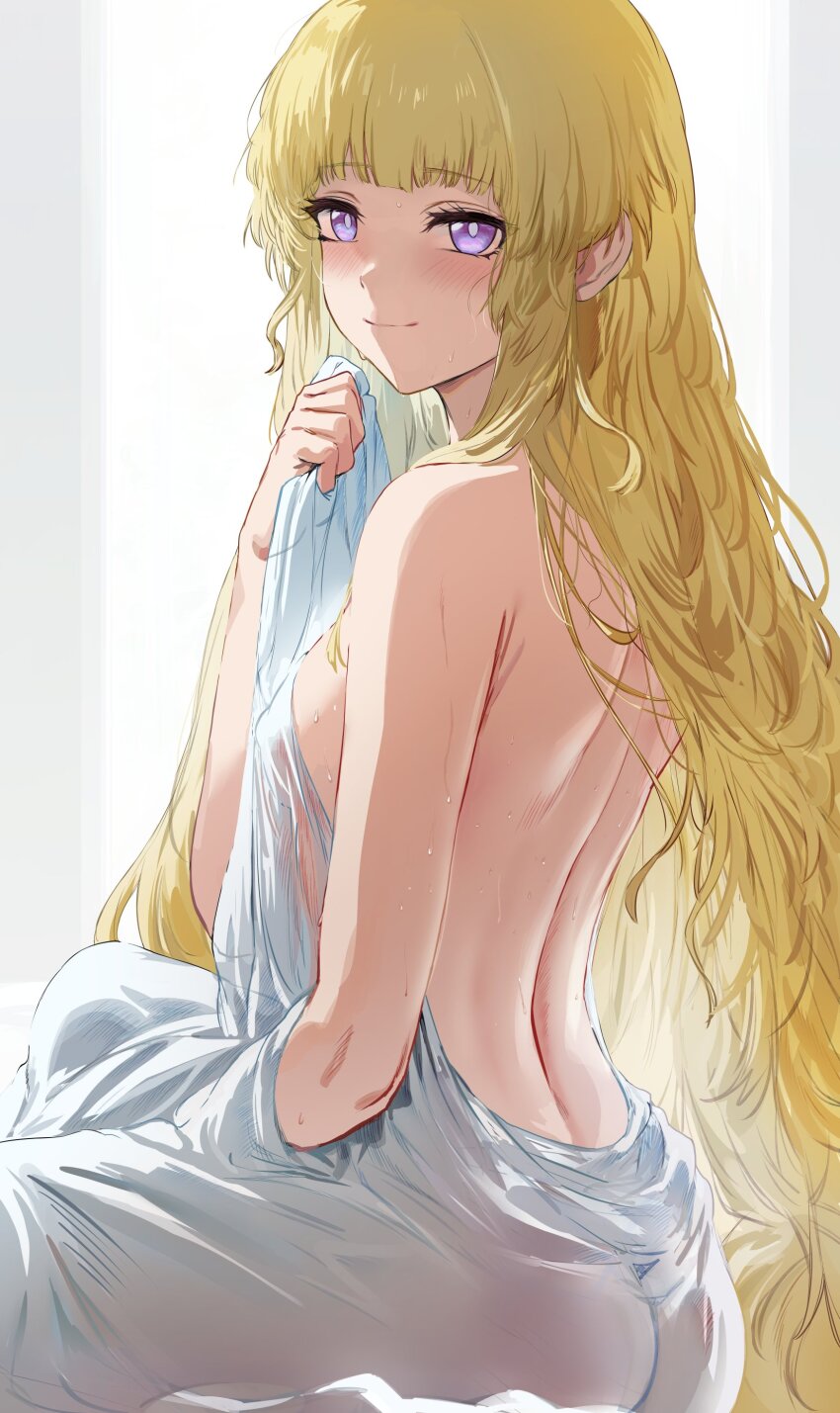 1girl absurdres ass back blonde_hair blush breasts closed_mouth from_behind hand_up hews highres holding large_breasts long_hair looking_at_viewer looking_back phoebe_(wuthering_waves) purple_eyes simple_background sitting smile solo sweat very_long_hair white_background wuthering_waves