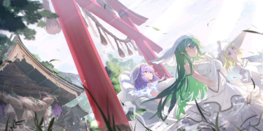 3girls aida_(chinhung0612) alternate_costume alternate_headwear_color blonde_hair blush breasts building commentary dress elbow_gloves english_commentary game_cg gloves green_hair hat highres kochiya_sanae kochiya_sanae_(broken_line_of_forsaken_rites) large_breasts long_hair mirror moriya_shrine moriya_suwako multiple_girls official_art outdoors purple_eyes purple_hair red_eyes rope shimenawa strapless strapless_dress third-party_source torii touhou touhou_lostword veil very_long_hair wedding_dress white_dress white_gloves white_hat white_veil yasaka_kanako