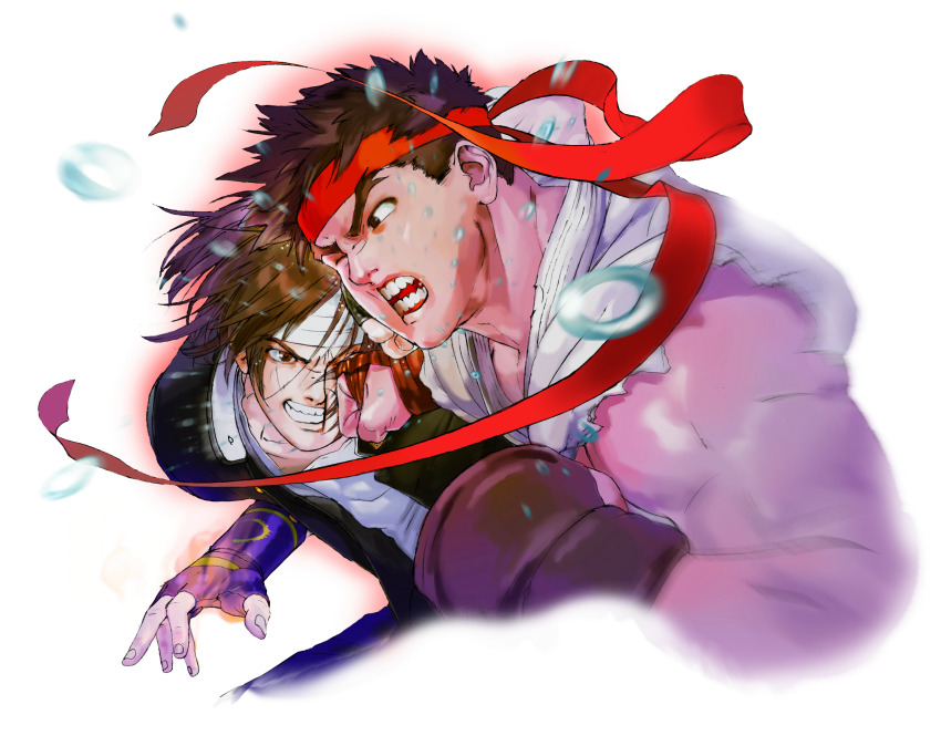 2boys bengus black_gloves brown_gloves brown_hair capcom_vs_snk clenched_teeth dougi fingerless_gloves gakuran game_cg gauntlets gloves headband highres kusanagi_kyou male_focus mma_gloves multiple_boys non-web_source official_art open_mouth punching red_headband ryu_(street_fighter) school_uniform shirt simple_background spiked_hair street_fighter sweat teeth the_king_of_fighters torn_clothes torn_sleeves white_background white_headband white_shirt