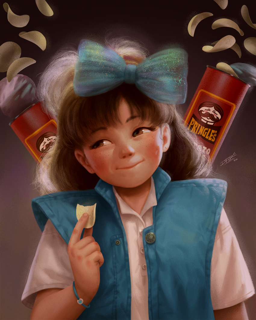 1girl 2020 20s 80s blue_bow blue_jacket blush bow bracelet brown_eyes brown_hair can chips_(food) eating food freckles grey_background hair_bow holding holding_food idfer jacket jewelry long_hair looking_to_the_side oldschool original potato_chips pringles shirt short_sleeves sleeveless sleeveless_jacket smile standing upper_body white_shirt