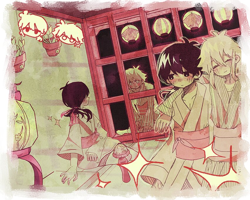 2girls absurdres alternate_costume antenna_hair arm_around_neck basil_(faraway)_(omori) basil_(omori) black_eyes black_hair blonde_hair blue_eyes blush bright_pupils closed_eyes closed_mouth collarbone double-parted_bangs genderswap genderswap_(mtf) highres ikiosu_(bloobaybeach) indoors japanese_clothes kimono long_sleeves looking_at_another low_twintails medium_hair multiple_girls omori open_mouth short_hair short_twintails sidelocks sitting smile sunny_(omori) twintails white_pupils yuri