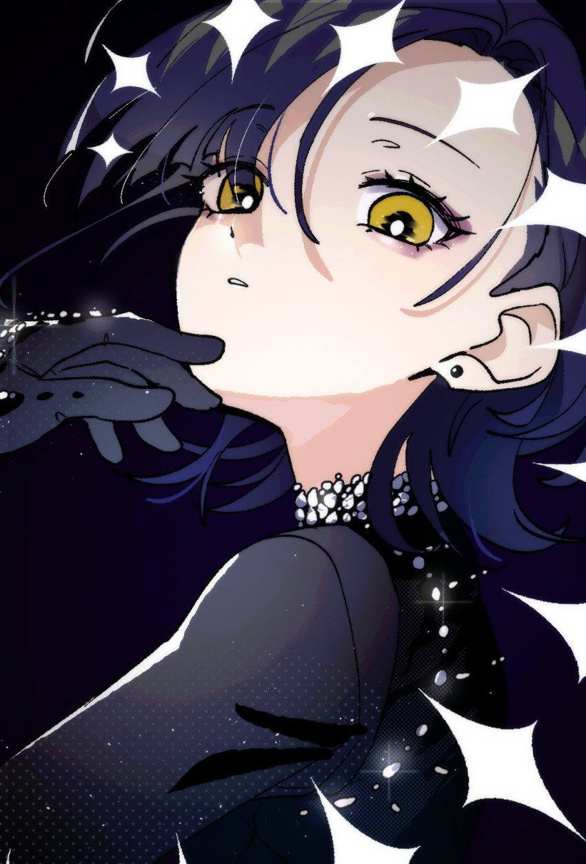 1girl asymmetrical_bangs black_background black_gloves dot_nose ear_piercing gloves highres medalist_(manga) medium_hair nzeneee okazaki_iruka parted_lips piercing simple_background solo sparkle upper_body yellow_eyes
