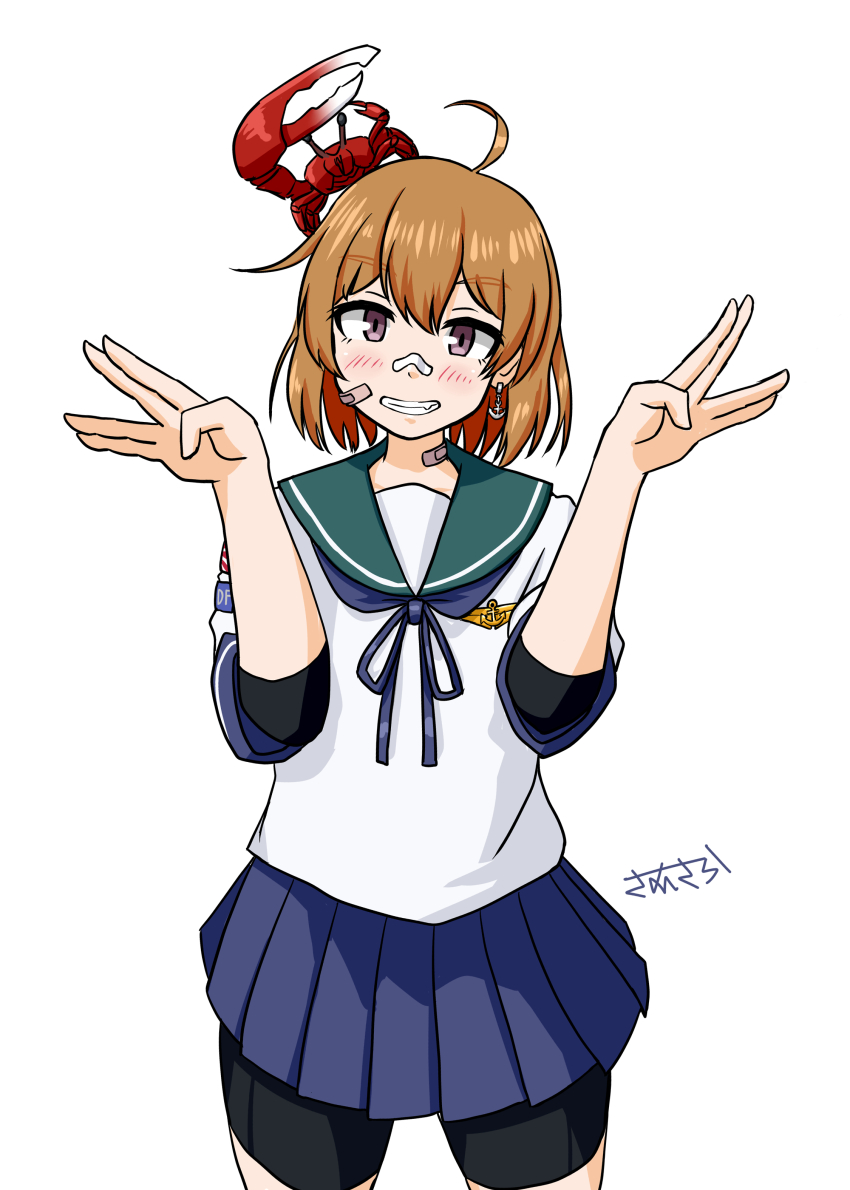 1girl \// absurdres animal animal_on_head antenna_hair bandaid bandaid_on_face bandaid_on_nose black_shorts blue_skirt brown_eyes brown_hair cowboy_shot crab_on_head derivative_work green_sailor_collar grey_background grin highres kantai_collection leaning_forward looking_at_viewer oboro_(kancolle) on_head pleated_skirt sailor_collar sailor_shirt salute samusara school_uniform serafuku shirt short_hair shorts shorts_under_skirt simple_background skirt smile solo white_background white_shirt
