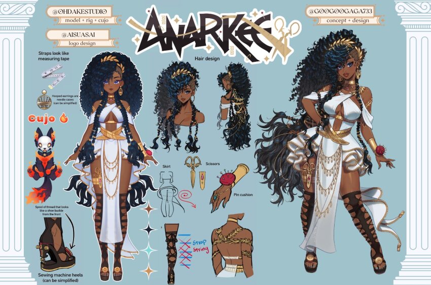 1girl anarkee_(vtuber) architecture artist_name asymmetrical_hair bare_back black_hair blue_background blue_eyes blue_eyeshadow blue_hair blue_nails braid breasts brown_lips center_opening character_name collarbone commentary curly_hair dizim dress earrings english_commentary english_text eyeshadow fabric fire gold gold_choker gold_earrings greco-roman_architecture hair_over_shoulder head_wreath highres holster indie_virtual_youtuber jewelry kinky_hair laurel_crown light_smile long_hair looking_at_viewer made_in_2024 makeup medium_breasts monster nail_polish ohdake_studio outline pelvic_curtain safety_pin scissors second-party_source sewing_machine sidecut spool strappy_heels tape_measure thick_lips thigh_holster toenail_polish toenails unconventional_heels underboob undercut very_long_hair virtual_youtuber white_dress white_outline