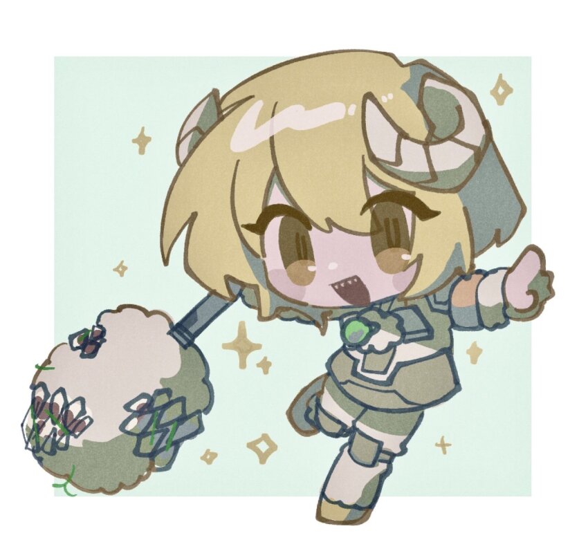 1girl :d blonde_hair boots border brooch don_quixote_(project_moon) e.g.o_(project_moon) green_background grin hair_between_eyes highres holding holding_staff holding_weapon horns jewelry lantern_(e.g.o) limbus_company looking_at_viewer nantekottawo!! open_mouth project_moon sheep_horns smile solo sparkle staff teeth upper_teeth_only weapon white_border wool yellow_eyes