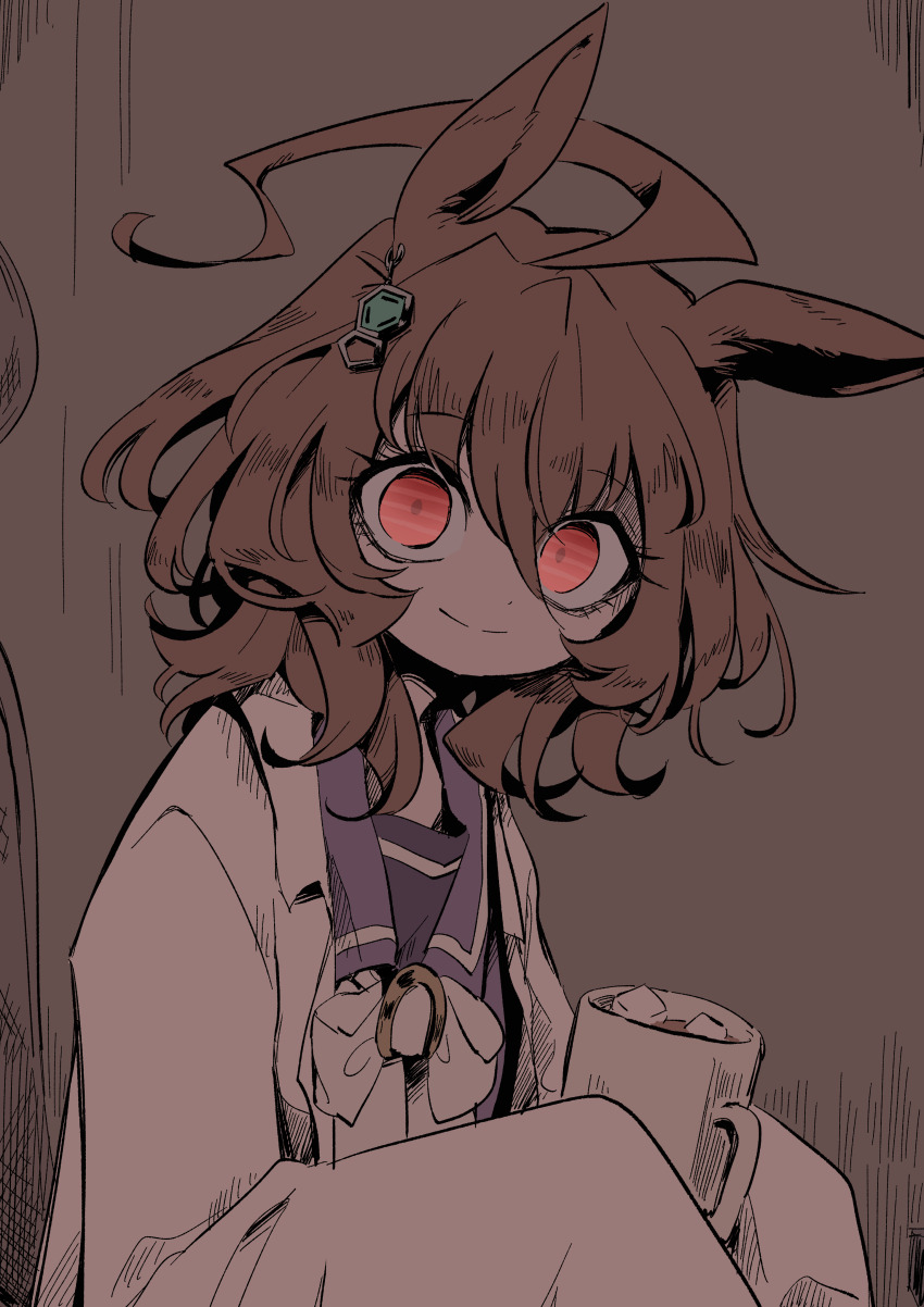 1girl absurdres agnes_tachyon_(umamusume) animal_ears brown_background brown_hair coat commentary_request cup empty_eyes engawa_(engawagorigori) highres holding holding_cup horse_ears horseshoe lab_coat long_sleeves looking_at_viewer muted_color neckerchief purple_sailor_collar red_eyes sailor_collar short_hair simple_background sleeves_past_fingers sleeves_past_wrists smile solo umamusume white_coat white_neckerchief