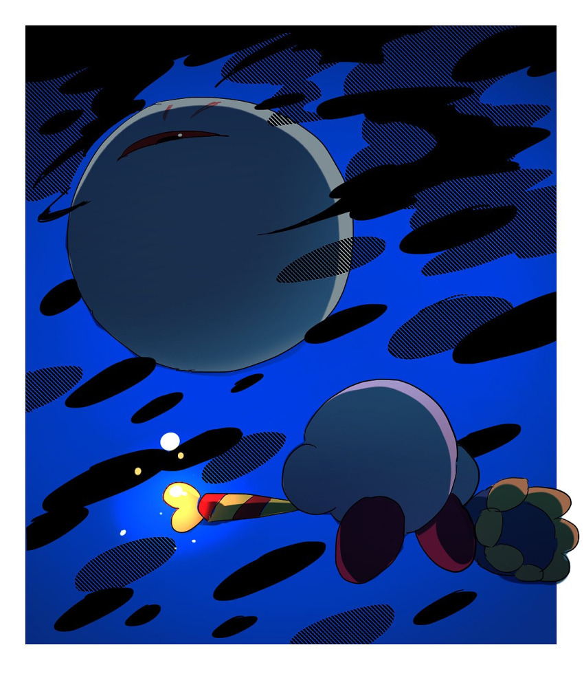 blue_skin border colored_sclera colored_skin gooey_(kirby) highres holding holding_wand kirby kirby&#039;s_dream_land_3 kirby_(series) looking_at_another looking_down love_love_stick nintendo no_humans nt_26 one-eyed orb outside_border pink_skin red_sclera wand white_border zero_(kirby)