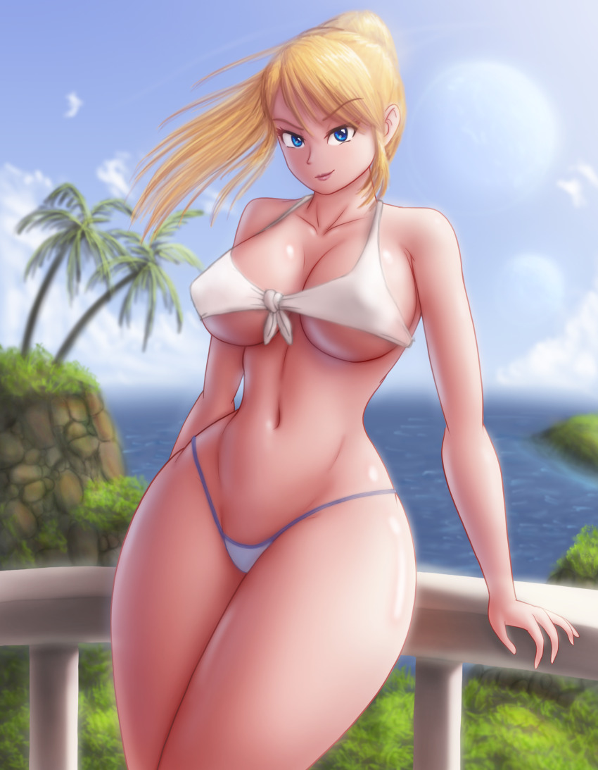 1girl absurdres beach_house blonde_hair blue_eyes blue_pants breasts cleavage curvy day female_focus highres huge_breasts large_breasts long_hair looking_at_viewer metroid naughty_face nintendo palm_tree pants pink_lips ponytail saf-404 samus_aran shiny_skin shirt smile smirk solo standing straight_hair sunlight_rays swimsuit thick_thighs thighs white_shirt white_top wide_hips