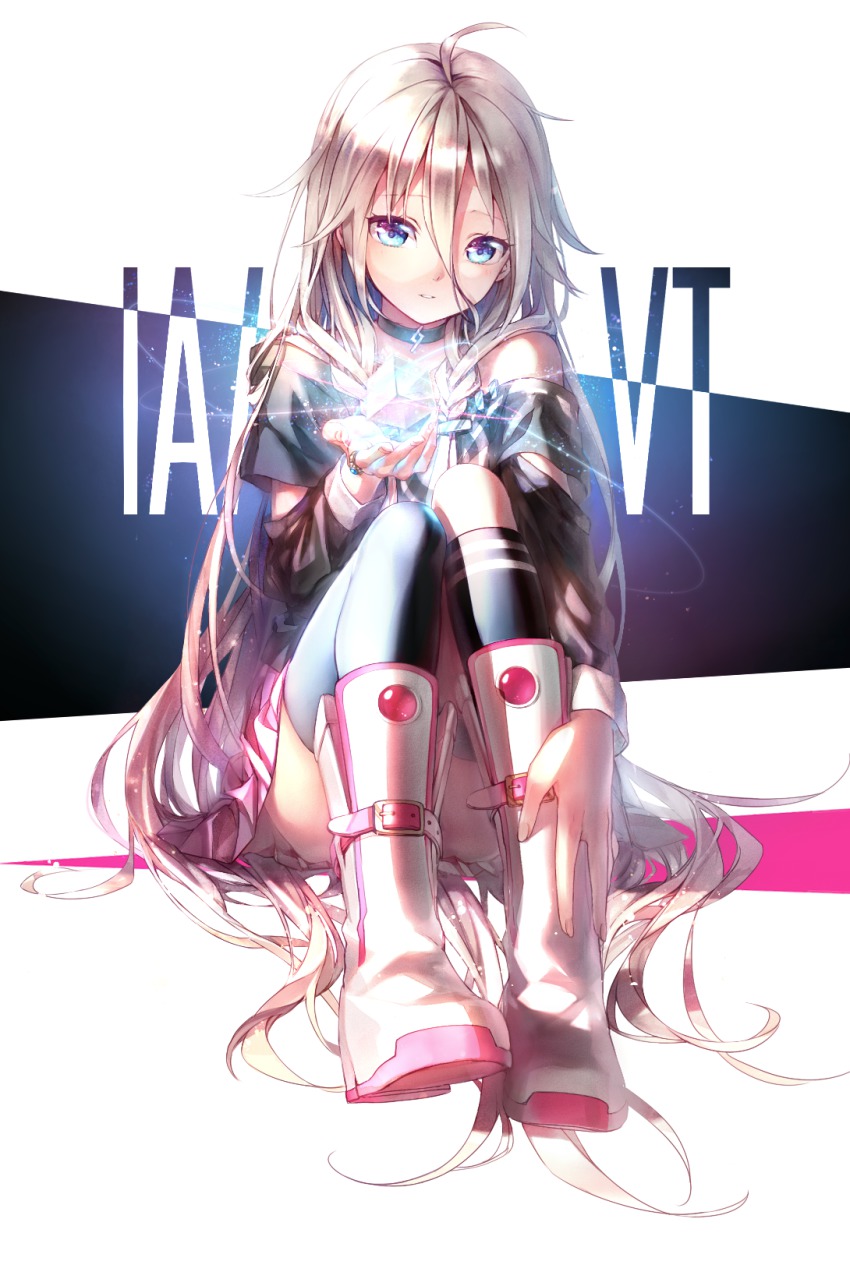 1girl ahoge blue_eyes character_name choker dekatanaba female_focus highres ia_(vocaloid) light_brown_hair long_hair parted_lips pleated_skirt sitting skirt solo vocaloid