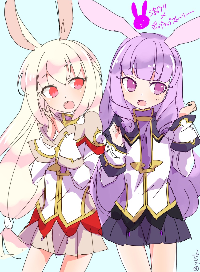 absurdres animal_ears rabbit_ears chuchu_(show_by_rock!!) crossover highres kirara_ookami kyuuri_(miyako) long_hair low-tied_long_hair multiple_girls open_mouth pink_hair pop-up_story purple_hair rabbit_girl red_eyes school_uniform show_by_rock!! sketch smile trait_connection white_hair