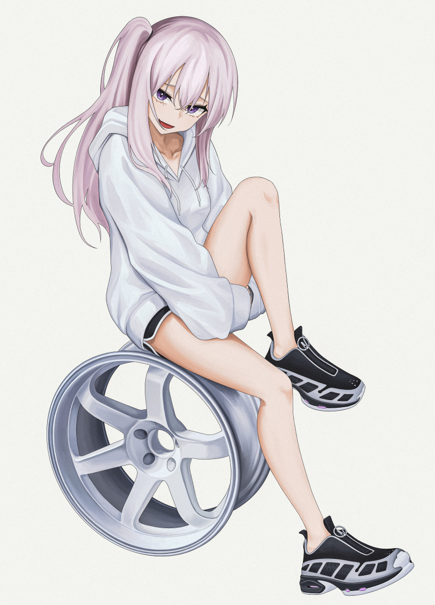1girl absurdres black_shoes black_shorts bokuya collarbone highres hood hoodie knee_up legs long_hair long_sleeves looking_at_viewer one_side_up original pink_hair purple_eyes shoes shorts simple_background smile sneakers solo thighs wheel white_background white_hoodie
